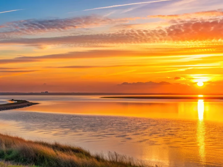 Coucher de soleil sur un lac paisible.
