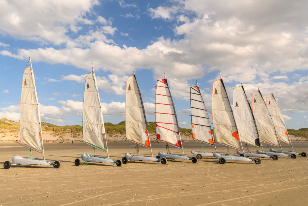 Bateaux à voile alignés sur une plage ensoleillée.