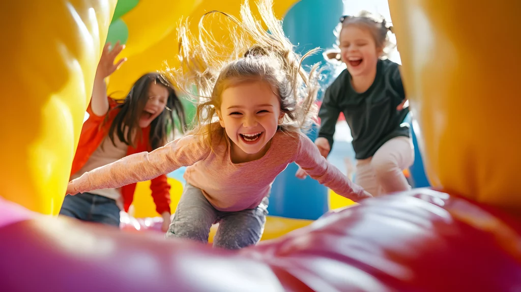 Enfants riant dans un château gonflable coloré.