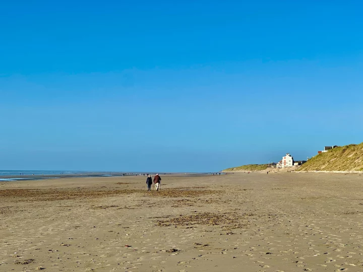 Plage déserte avec ciel bleu et dunes.