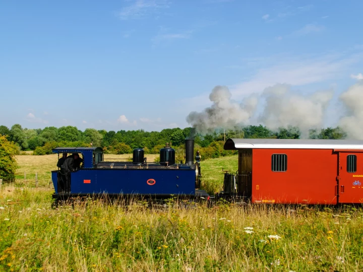 Train vapeur traversant la campagne verte et ensoleillée.
