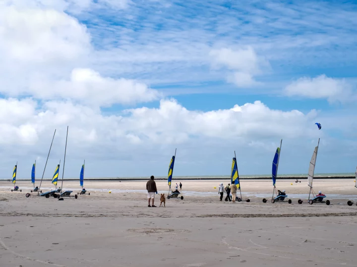 Chars à voile sur une plage ensoleillée.