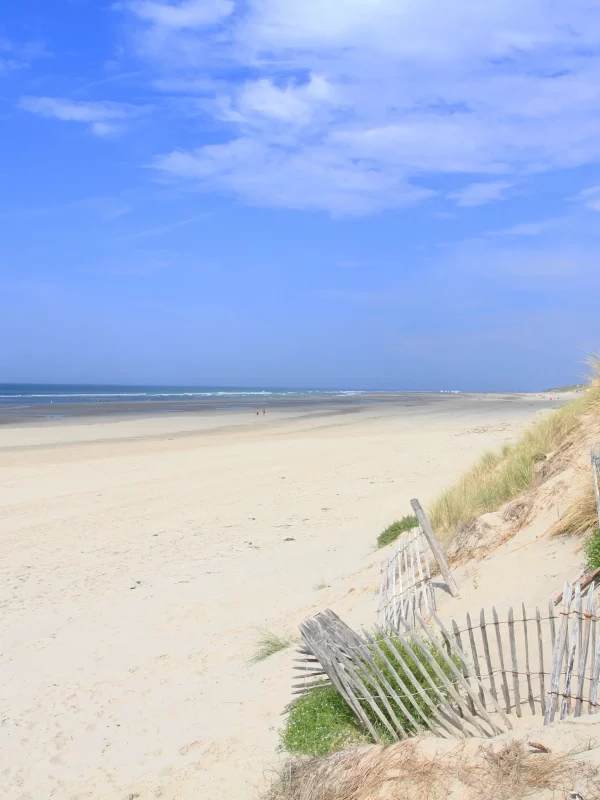 Plage de sable avec dunes et océan bleu.