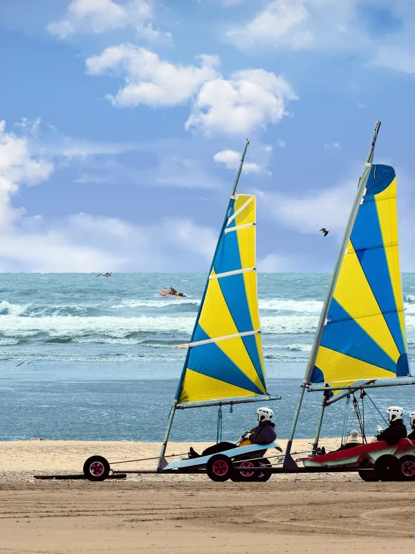 Deux chars à voile sur une plage ensoleillée.