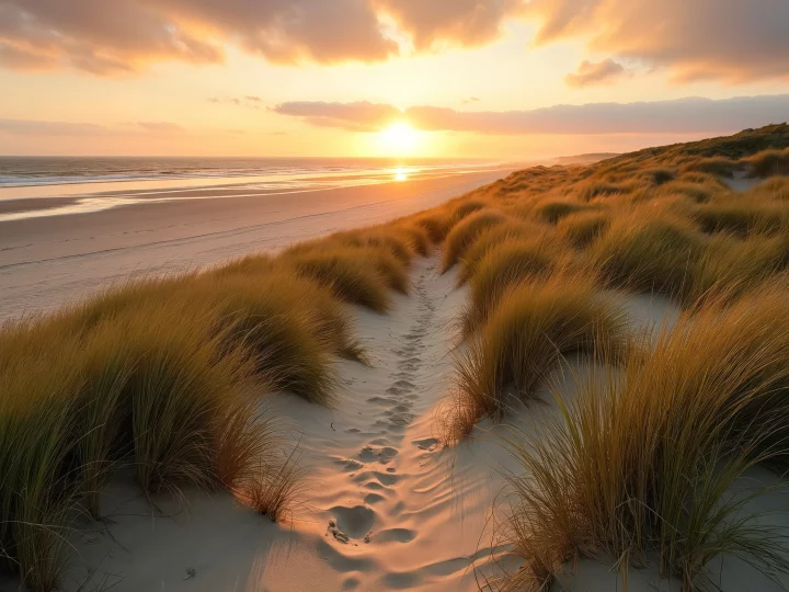 Plage avec herbes au coucher du soleil.