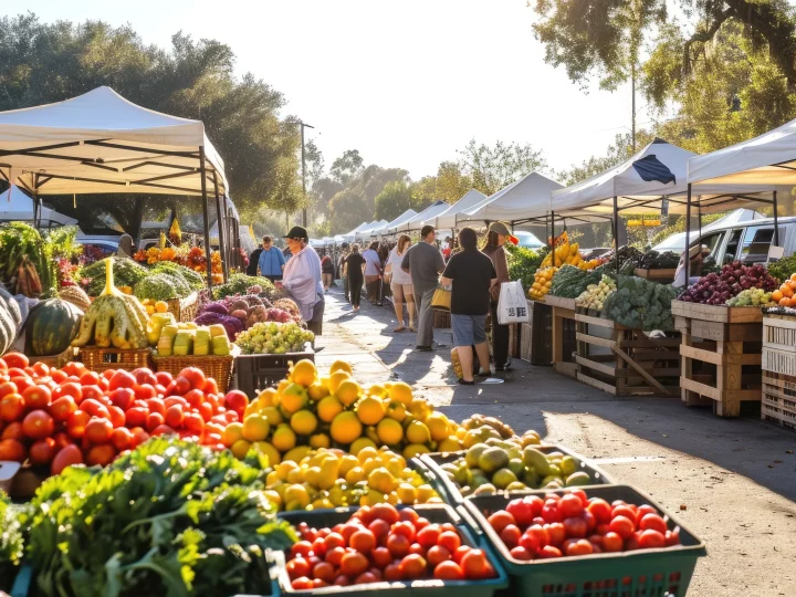 Marché extérieur avec fruits et légumes colorés.