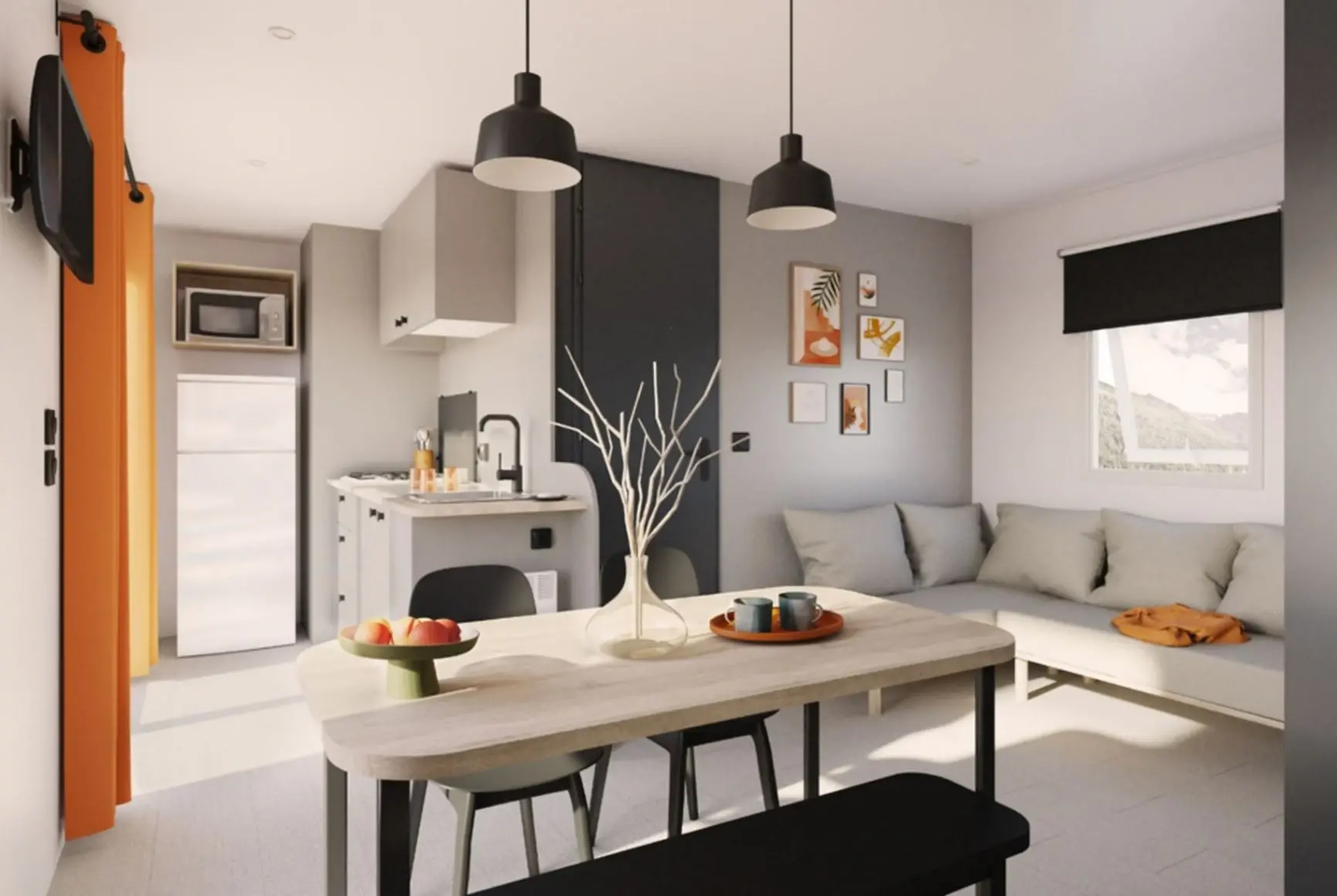 Intérieur moderne d'un appartement avec cuisine.